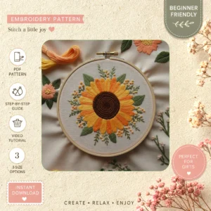 Main preview of nature's sunburst vibrant warmth hand embroidery pattern showing sunflower, nature, and home in a hand stitched hoop art design