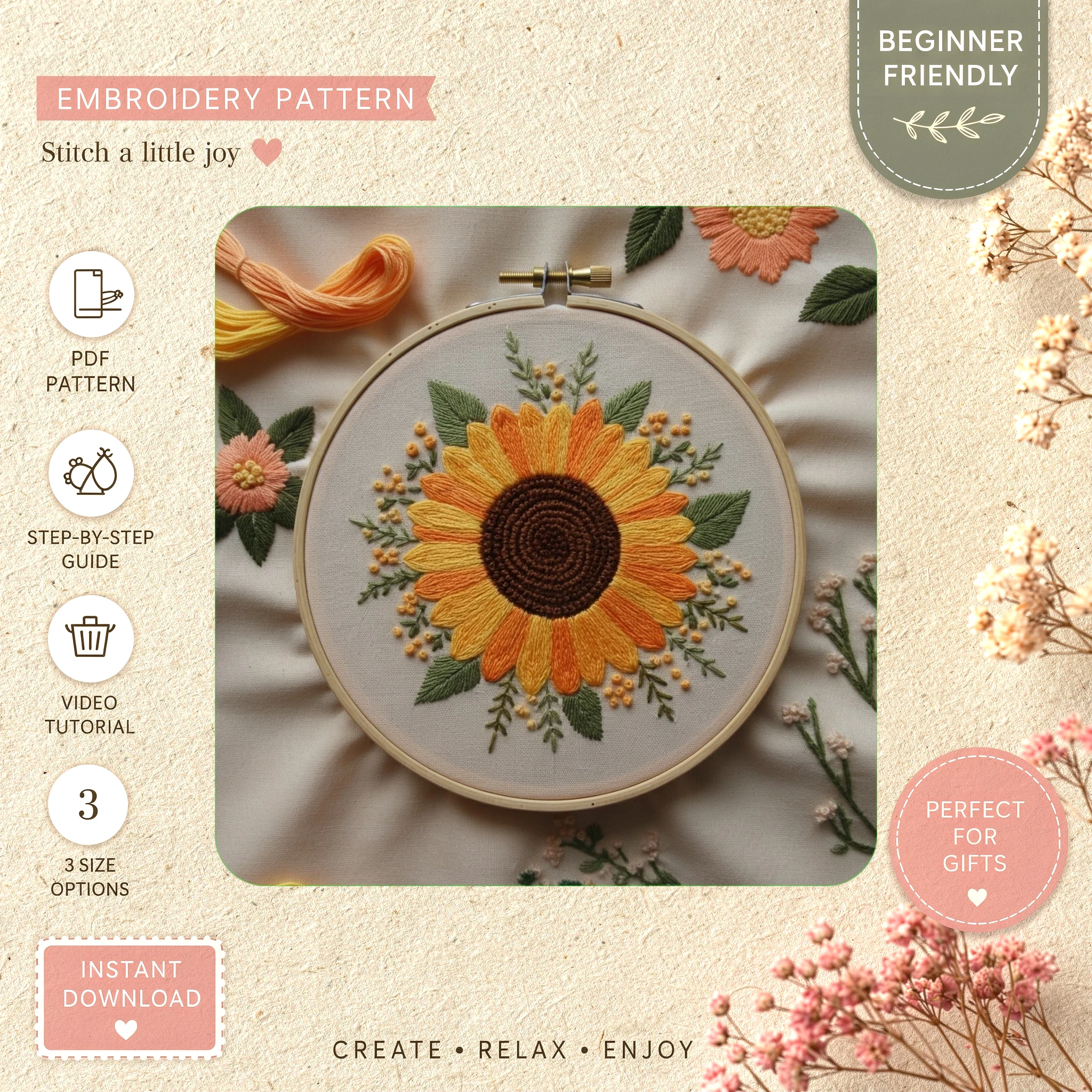 Main preview of nature's sunburst vibrant warmth hand embroidery pattern showing sunflower, nature, and home in a hand stitched hoop art design