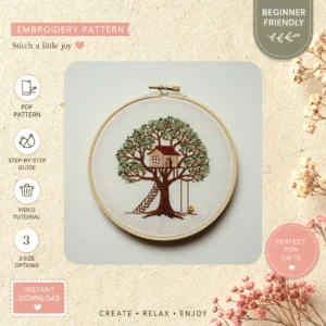 Main preview of nature's tree cottage nature hand embroidery pattern showing bunny, tree, cottage, and nature in a hand stitched hoop art design