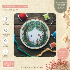 Main preview of nature's whimsical magic hidden hand embroidery pattern showing flowers, forest, tree, and nature in a hand stitched hoop art design