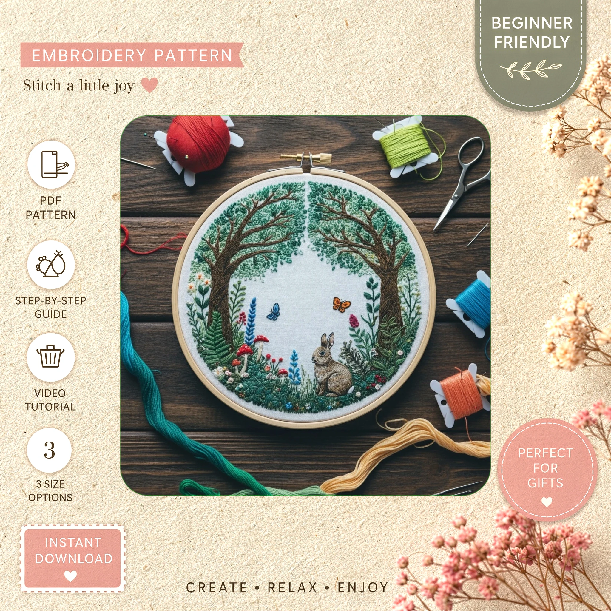 Main preview of nature's whimsical magic hidden hand embroidery pattern showing flowers, forest, tree, and nature in a hand stitched hoop art design