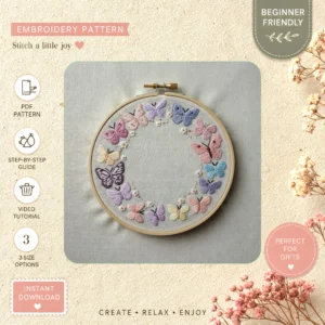 Main preview of nature's whimsy colorful floral hand embroidery pattern showing butterfly, butterflies, flowers, floral, and leaves in a hand stitched hoop art design