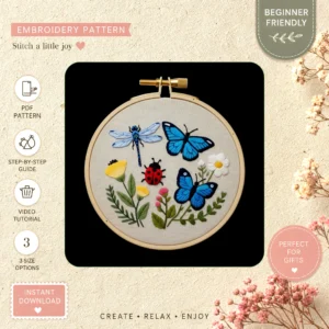 Main preview of nature serene butterflies flowers hand embroidery pattern showing butterflies, flowers, cottage, and nature in a hand stitched hoop art design