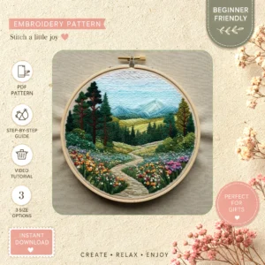 Main preview of nature serene pastoral landscape hand embroidery pattern showing wildflowers, mountains, landscape, field, and nature in a hand stitched hoop art design