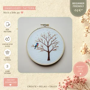 Main preview of nature tree bird perched hand embroidery pattern showing bird, floral, tree, and nature in a hand stitched hoop art design
