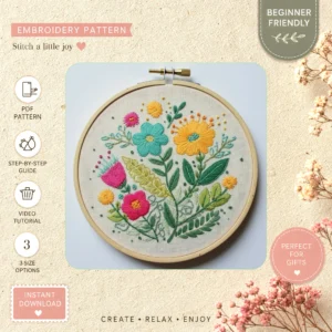 Main preview of nature vibrant inspired flowers hand embroidery pattern showing flowers, leaves, nature, and home in a hand stitched hoop art design