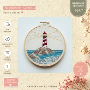 Main preview of nautical charm calming sea hand embroidery pattern showing sea, lighthouse, and sun in a hand stitched hoop art design