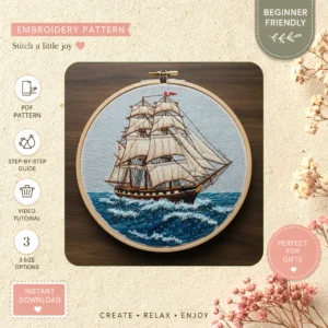Main preview of nautical ship sailors ocean hand embroidery pattern showing ocean, sea, and home in a hand stitched hoop art design