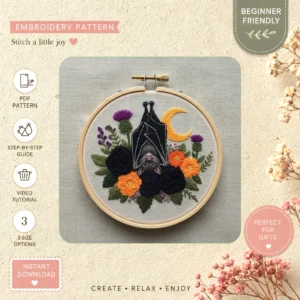 Main preview of nocturnal nature bat flowers hand embroidery pattern showing flowers, floral, bouquet, nature, and moon in a hand stitched hoop art design