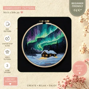 Main preview of northern lights cabin cozy hand embroidery pattern showing cabin and nature in a hand stitched hoop art design