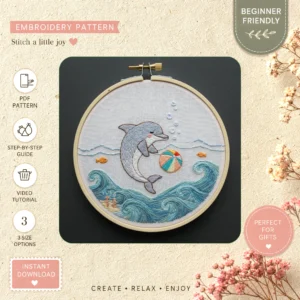 Main preview of ocean dolphin nature inspired hand embroidery pattern showing dolphin, nature, ocean, sea, and marine in a hand stitched hoop art design