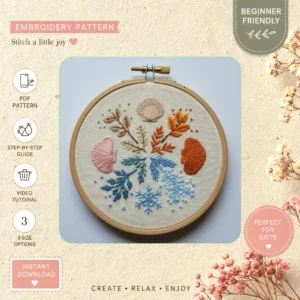 Main preview of ocean floral nature inspired hand embroidery pattern showing floral, leaf, nature, ocean, and sea in a hand stitched hoop art design