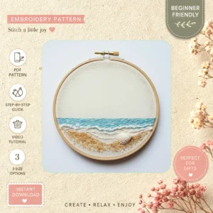 Main preview of ocean shore serene beach hand embroidery pattern showing landscape, ocean, beach, and waves in a hand stitched hoop art design