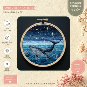 Main preview of ocean whale serene majestic hand embroidery pattern showing whale, nature, ocean, and marine in a hand stitched hoop art design
