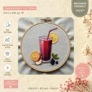 Main preview of orange juice refreshing summer hand embroidery pattern showing nature in a hand stitched hoop art design