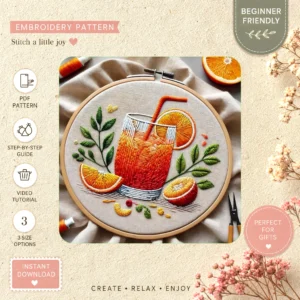 Main preview of orange tea vibrant fruits hand embroidery pattern showing leaves in a hand stitched hoop art design