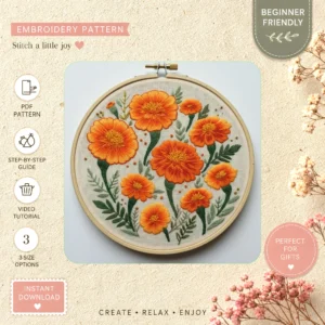 Main preview of ornate orange flower elegant hand embroidery pattern showing bees, flower, flowers, and floral in a hand stitched hoop art design