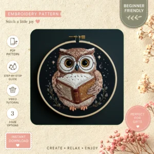 Main preview of owl book decoration curious hand embroidery pattern showing owl in a hand stitched hoop art design