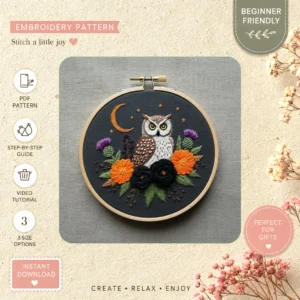 Main preview of owl floral hoopoe yellow hand embroidery pattern showing owl, flowers, and floral in a hand stitched hoop art design