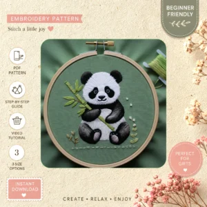 Main preview of panda cute bear bamboo hand embroidery pattern showing panda, bear, and home in a hand stitched hoop art design