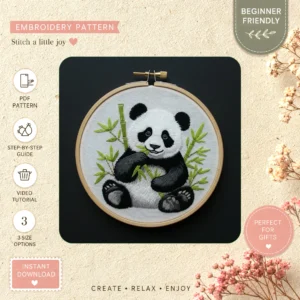 Main preview of panda embroidered whimsy bamboo hand embroidery pattern showing panda in a hand stitched hoop art design