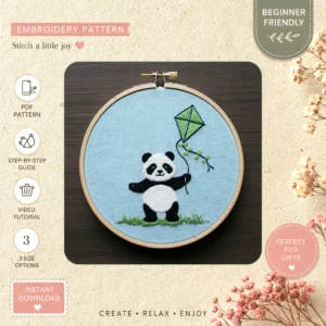 Main preview of panda kite playful whimsy hand embroidery pattern showing panda and sky in a hand stitched hoop art design