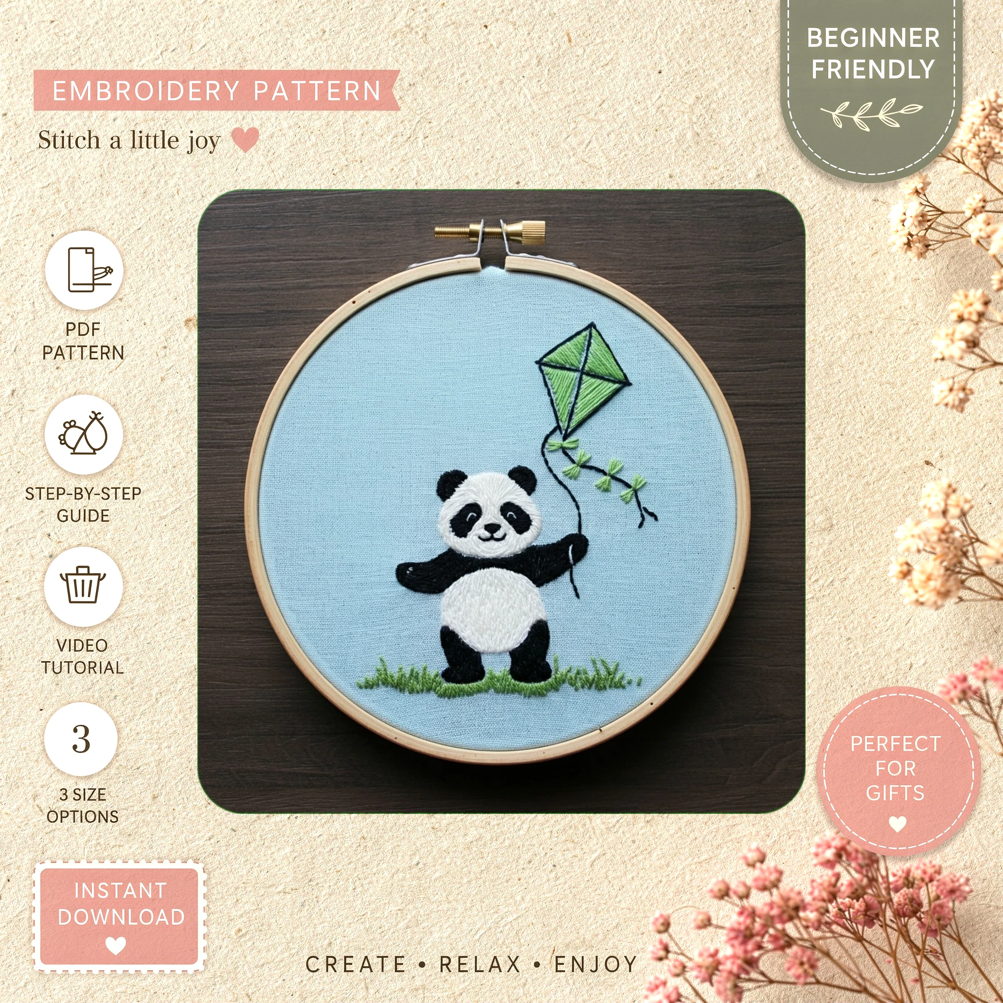 Main preview of panda kite playful whimsy hand embroidery pattern showing panda and sky in a hand stitched hoop art design