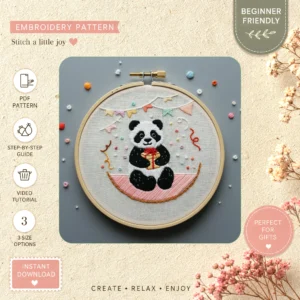 Main preview of panda party whimsical celebrating hand embroidery pattern showing panda in a hand stitched hoop art design