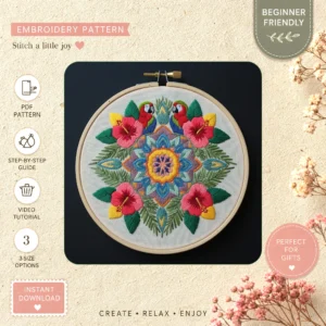 Main preview of parrot floral colorful parrots hand embroidery pattern showing floral in a hand stitched hoop art design