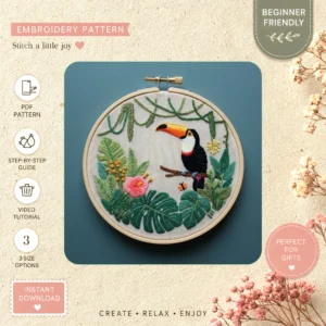 Main preview of parrot jungle lush green hand embroidery pattern showing flower, foliage, and nature in a hand stitched hoop art design