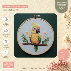 Main preview of parrot perched branch flowers hand embroidery pattern showing flowers in a hand stitched hoop art design