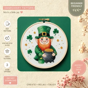 Main preview of patrick's day irish leprechaun hand embroidery pattern showing leaf in a hand stitched hoop art design