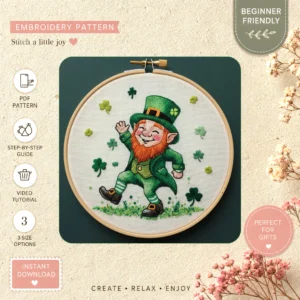 Main preview of patrick's day leprechaun shamrocks hand embroidery pattern showing leaf and home in a hand stitched hoop art design