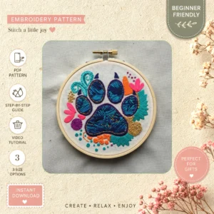 Main preview of paw prints wildflower dog hand embroidery pattern showing dog, wildflower, wildflowers, and nature in a hand stitched hoop art design