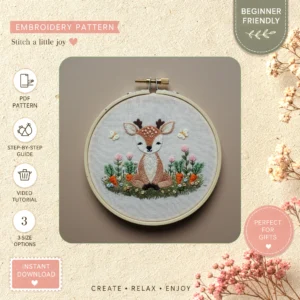 Main preview of peaceful meadow deer flowers hand embroidery pattern showing deer, flowers, meadow, and nature in a hand stitched hoop art design