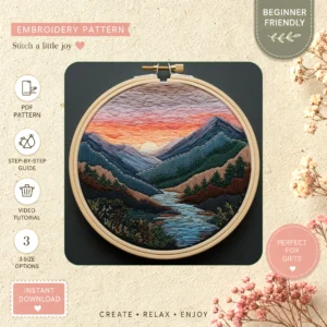 Main preview of peaceful nature serene mountain hand embroidery pattern showing mountain, mountains, landscape, river, and sunset in a hand stitched hoop art design