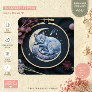 Main preview of peaceful sleeping blue cat hand embroidery pattern showing cat, flower, bouquet, and moon in a hand stitched hoop art design