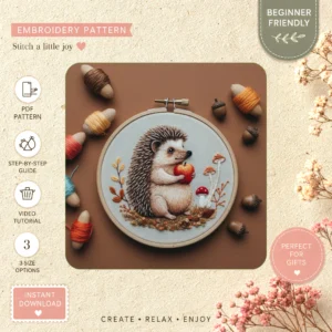Main preview of peaceful woodland enchanting fluffy hand embroidery pattern showing hedgehog, leaves, woodland, and nature in a hand stitched hoop art design