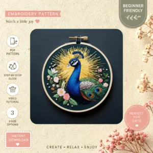 Main preview of peacock flower embrace decorative hand embroidery pattern showing peacock, flower, and floral in a hand stitched hoop art design