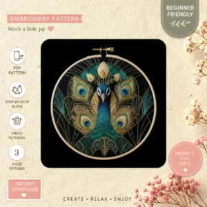 Main preview of peacock gold feathers nature hand embroidery pattern showing peacock, nature, and home in a hand stitched hoop art design
