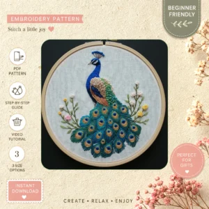 Main preview of peacock majestic surrounded flowers hand embroidery pattern showing peacock, flowers, and nature in a hand stitched hoop art design