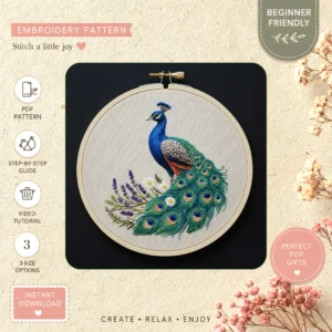 Main preview of peacock nature inspired decorative hand embroidery pattern showing peacock, flowers, and nature in a hand stitched hoop art design