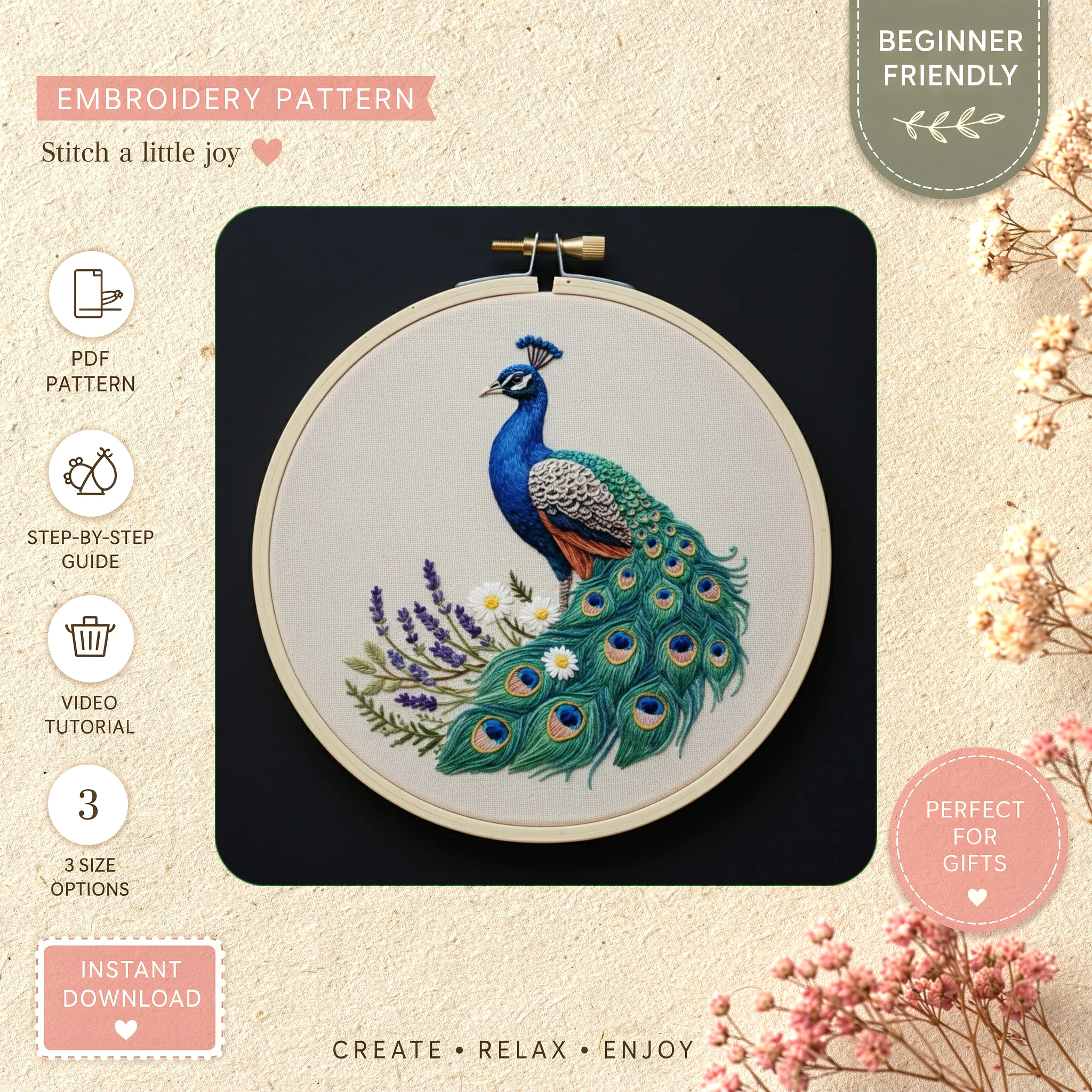 Main preview of peacock nature inspired decorative hand embroidery pattern showing peacock, flowers, and nature in a hand stitched hoop art design