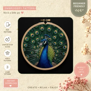 Main preview of peacock vivid feathers nature hand embroidery pattern showing peacock, nature, and home in a hand stitched hoop art design