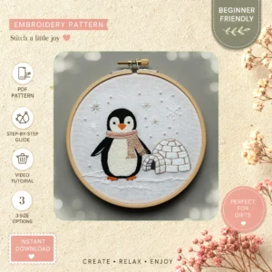 Main preview of penguin cottage whimsical winter hand embroidery pattern showing penguin, landscape, and cottage in a hand stitched hoop art design