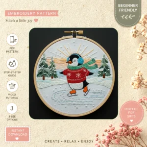 Main preview of penguin winter coat sleigh hand embroidery pattern showing penguin and home in a hand stitched hoop art design