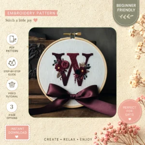 Main preview of personalized initiales floral discover hand embroidery pattern showing floral and home in a hand stitched hoop art design