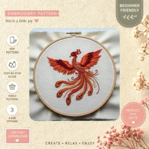 Main preview of phoenix majestic feather life hand embroidery pattern showing home in a hand stitched hoop art design