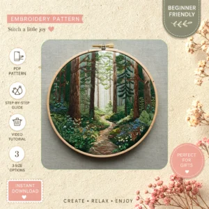 Main preview of pine forest nature trees hand embroidery pattern showing forest, trees, nature, path, and sun in a hand stitched hoop art design