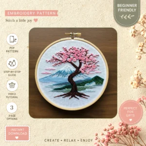 Main preview of pine meadow nature's serene hand embroidery pattern showing tree, meadow, nature, and home in a hand stitched hoop art design